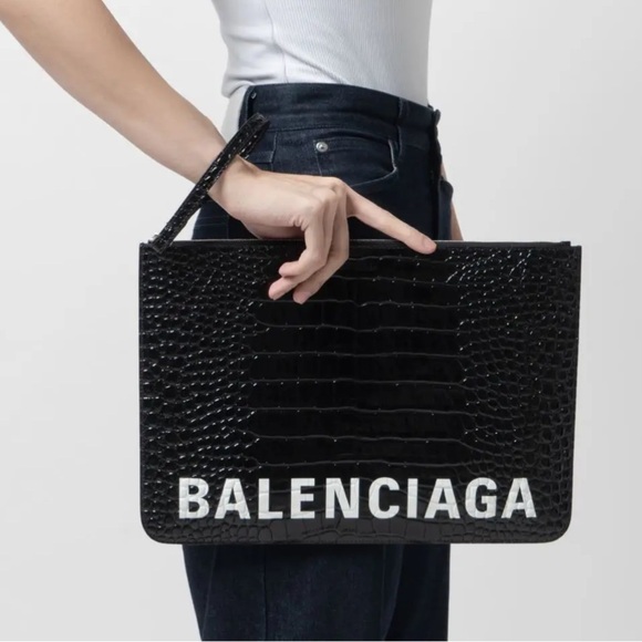 Balenciaga NWT oversized black croc embossed zipper pouch unisex - Picture 1 of 2